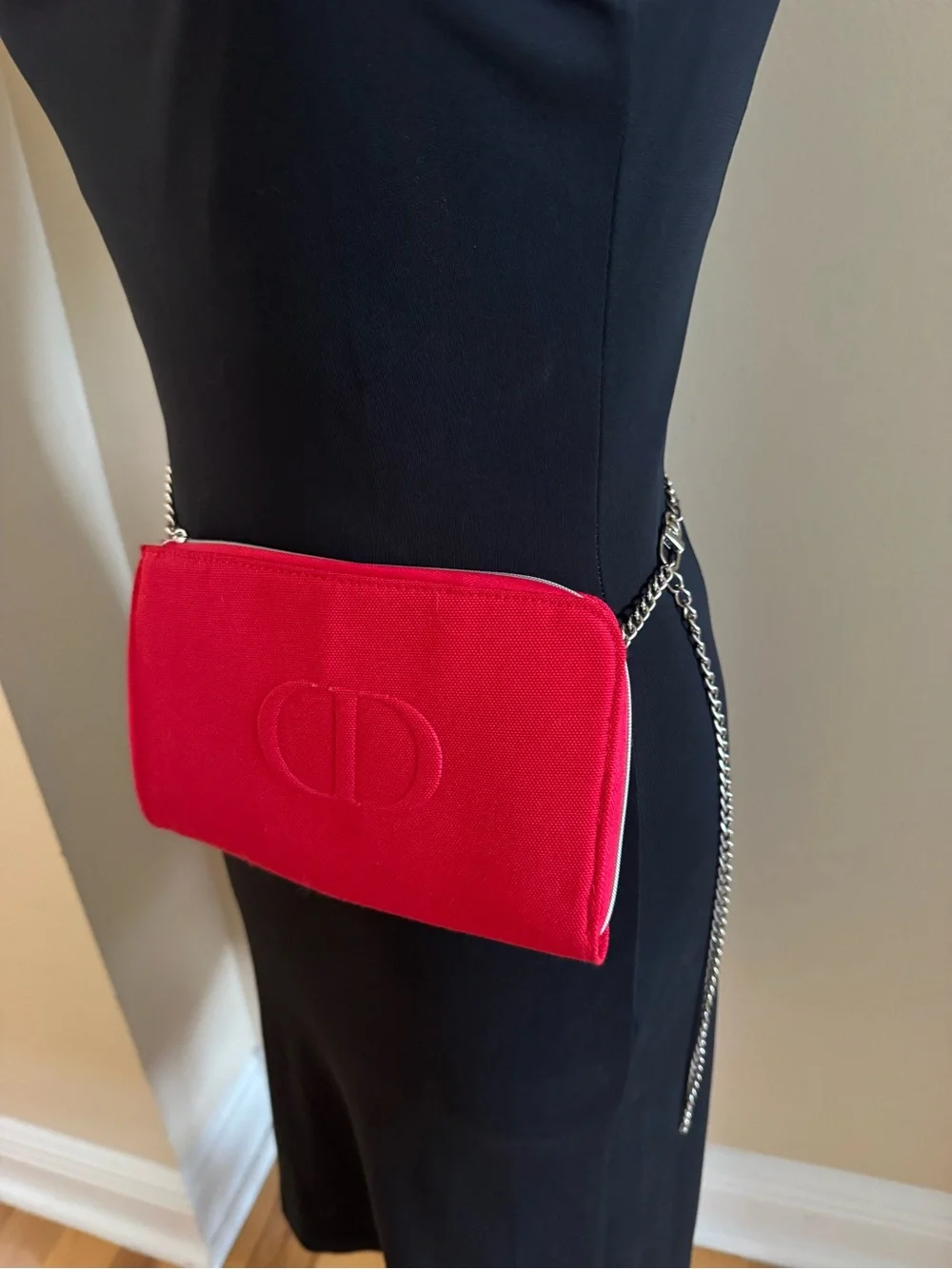 Dior Red fabric cosmetic bag with silver chain to be Crossbody or waist bag.